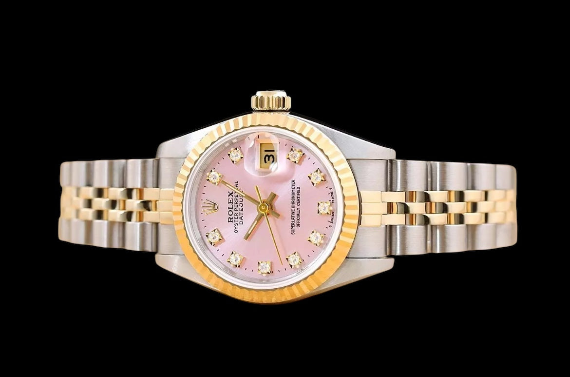 ROLEX WOMEN'S WATCH DATEJUST 69173 PINK DIAL FACTORY DIAMOND STEEL 18K GOLD